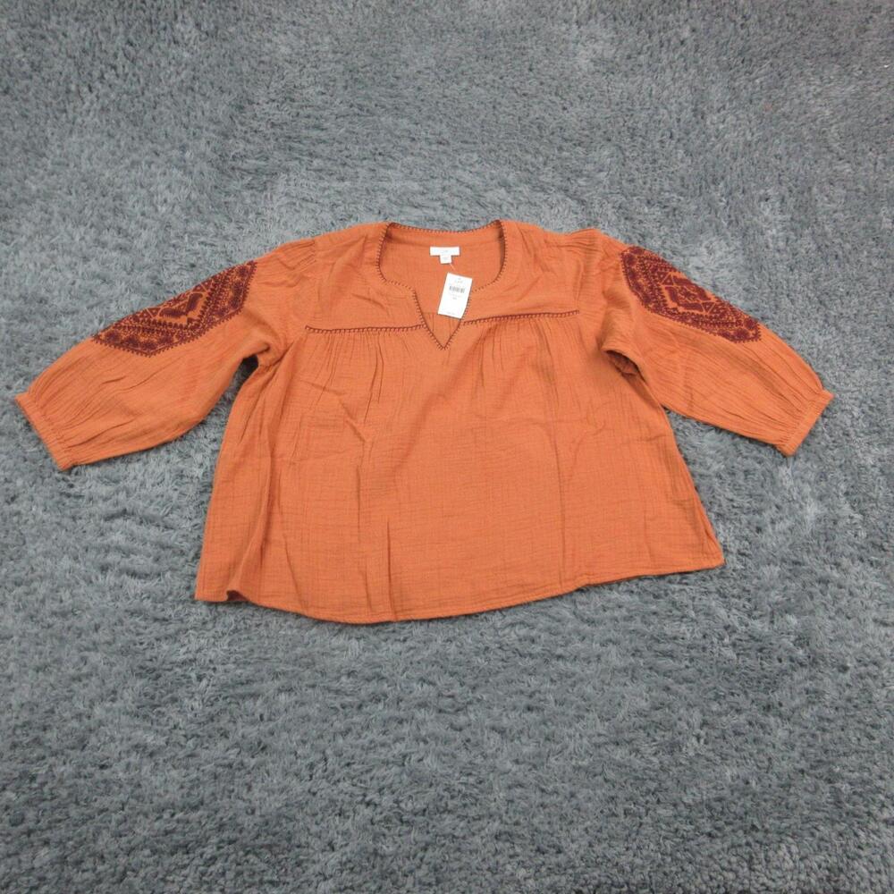 J.Jill Shirt Womens Medium Orange Embroidered 3/4 Sleeve V Neck Cotton Boho NWT